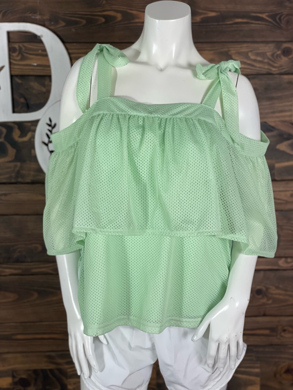 Puma | Mint Green Jersey Mesh Tiered Ruffle Cold-Shoulder Tie-Strap Athletic Top